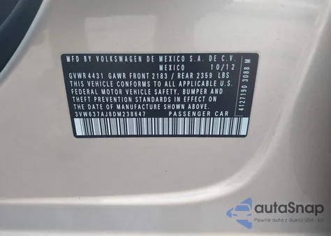 2013 Volkswagen Jetta Hybrid Se из США, поврежденный, VIN 3VW637AJ8DM238647